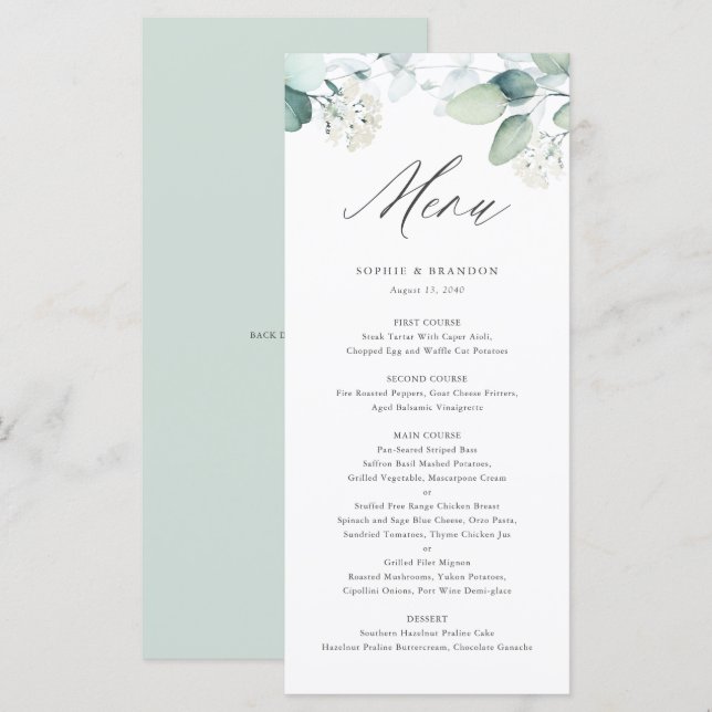 Boho Watercolor Eucalyptus Leaves Greenery Wedding Menu (Front/Back)