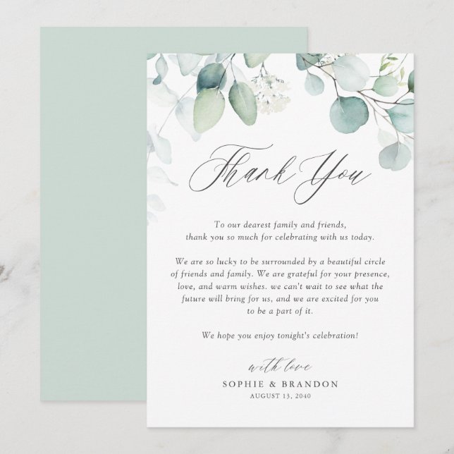 Boho Watercolor Eucalyptus Leaves Wedding Thank You Card (Front/Back)