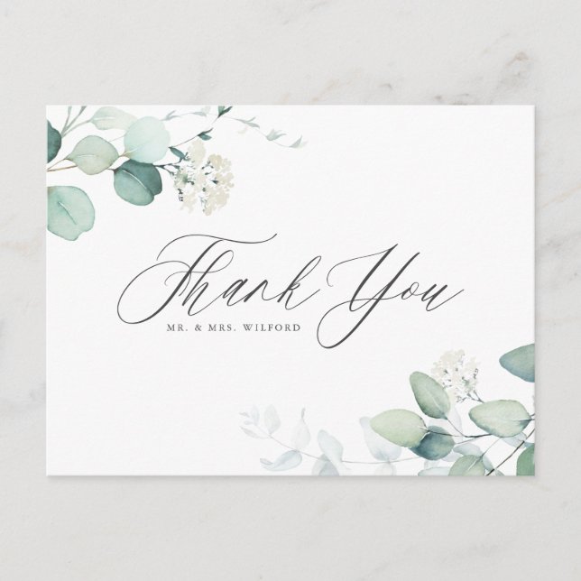 Boho Watercolor Eucalyptus Wedding Thank You Postcard (Front)