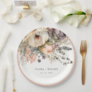 Boho Watercolor Fall Autumn Floral Bunch Wedding Paper Plate