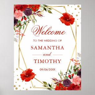 Boho Watercolor Fall Flowers Gold Frame Wedding Poster