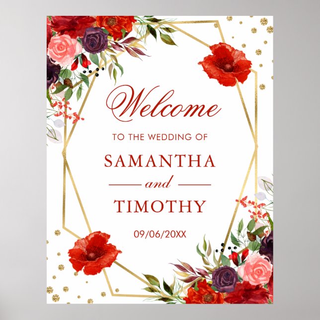 Boho Watercolor Fall Flowers Gold Frame Wedding Poster (Front)