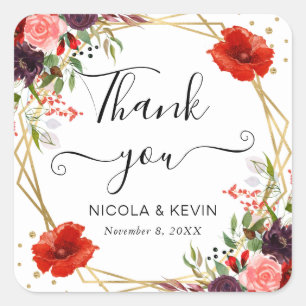 Boho Watercolor Fall Flowers Gold Frame Wedding Square Sticker