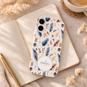 Boho Watercolor Feather Floral Personalized iPhone 16 Case