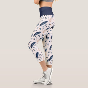 Boho Watercolor Feathers n Leaves Blue Brown White Capri Leggings
