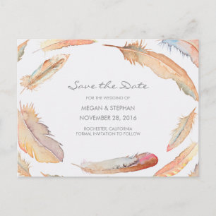 Boho Watercolor Feathers Save the Date Announcement Postcard