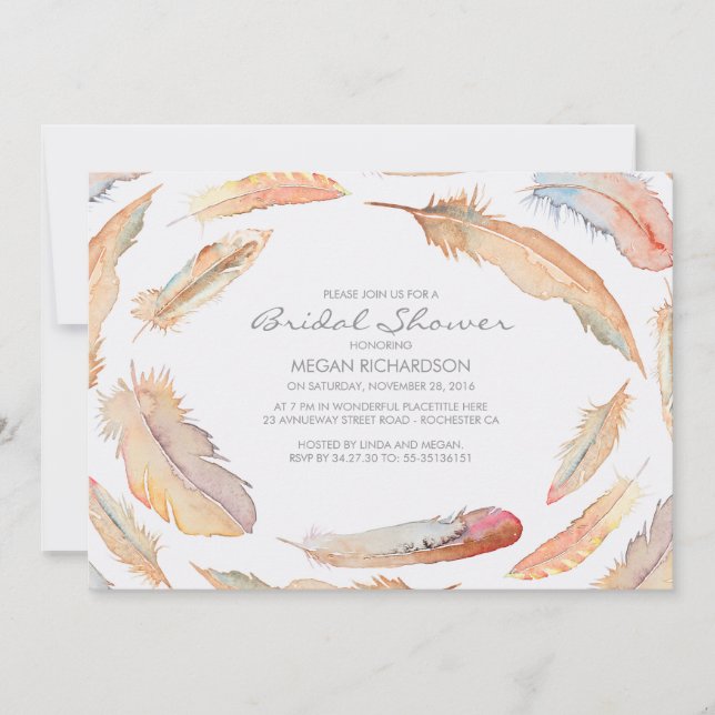 boho watercolor feathers tribal bridal shower invitation (Front)
