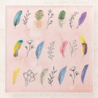 Boho Watercolor Feathers with Floral Line Drawings Glass Coaster