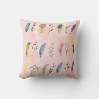 Boho Watercolor Feathers with Floral Line Drawings Throw Pillow