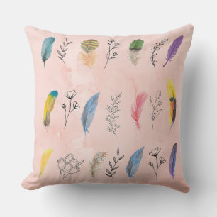 Boho Watercolor Feathers with Floral Line Drawings Throw Pillow