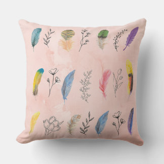 Boho Watercolor Feathers with Floral Line Drawings Throw Pillow