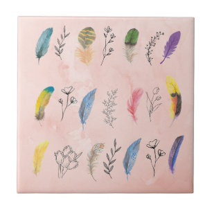 Boho Watercolor Feathers with Floral Line Drawings Tile