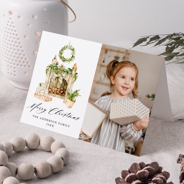 Boho Watercolor Fireplace With Greenery Photo Holiday Card (Creator Uploaded)