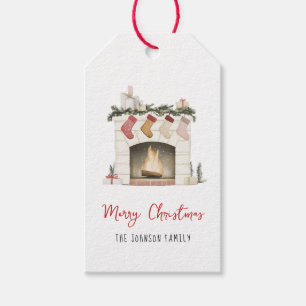 Boho watercolor Fireplace with stockings Gift tags