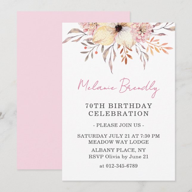 Boho Watercolor Floral 70th Birthday Party Invite  (Front/Back)