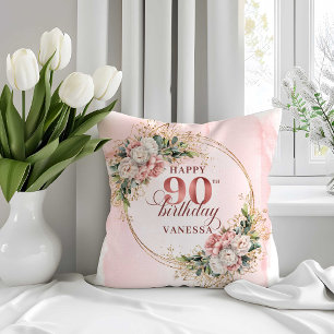 Boho Watercolor Floral 90th Birthday Pillow