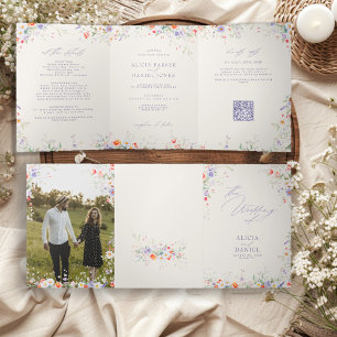 Boho watercolor floral all in one RSVP QR wedding  Tri-Fold Invitation