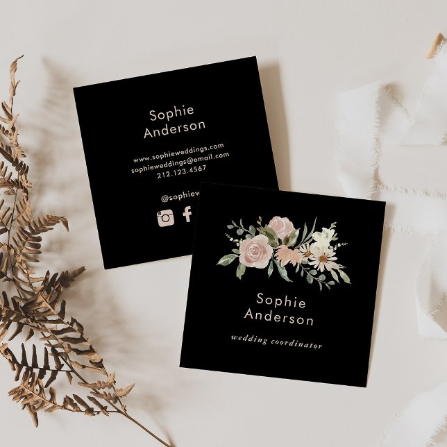 Boho Watercolor Floral Black | Social Media Icons Square Business Card (Creator Uploaded)