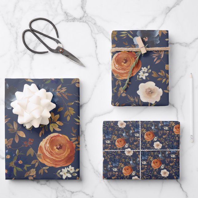 Boho Watercolor Floral Blue Terracotta Wrapping Paper Sheet (Front)