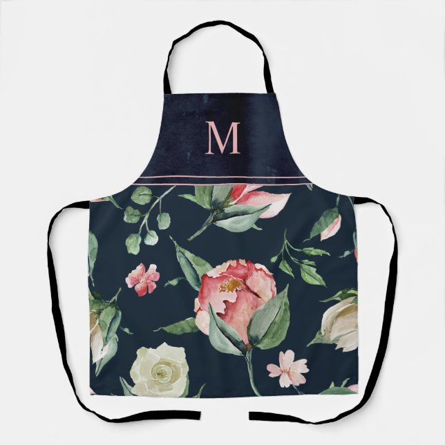 Boho Watercolor Floral Blush Monogrammed  Apron (Front)