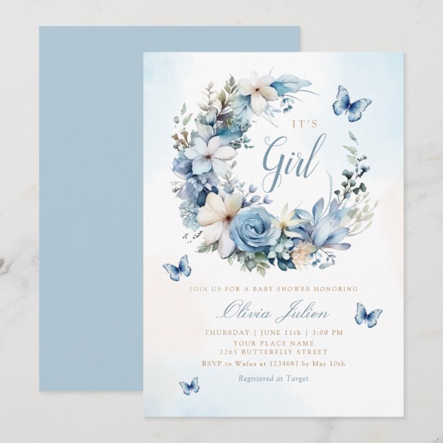 Boho Watercolor Floral Butterfly Girl Baby Shower Invitation (Front/Back)