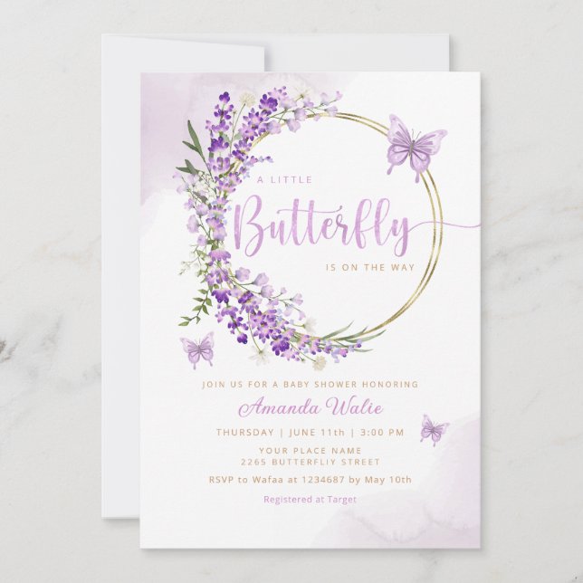 Boho Watercolor Floral Butterfly Girl Baby Shower  Invitation (Front)