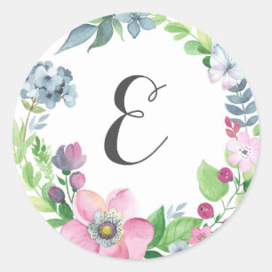 Boho Watercolor Floral & Butterfly Monogram Classic Round Sticker