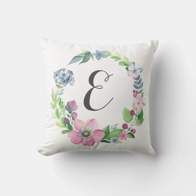 Boho Watercolor Floral & Butterfly | Monogram Throw Pillow (Front)