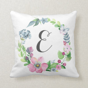 Boho Watercolor Floral & Butterfly   Monogram Throw Pillow