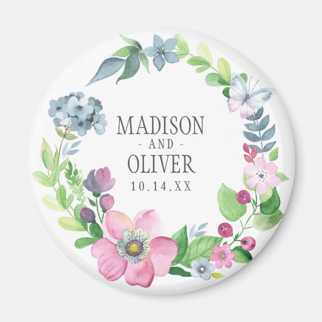 Boho Watercolor Floral & Butterfly | Wedding Magnet (Front)