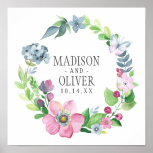 Boho Watercolor Floral & Butterfly Wedding Poster
