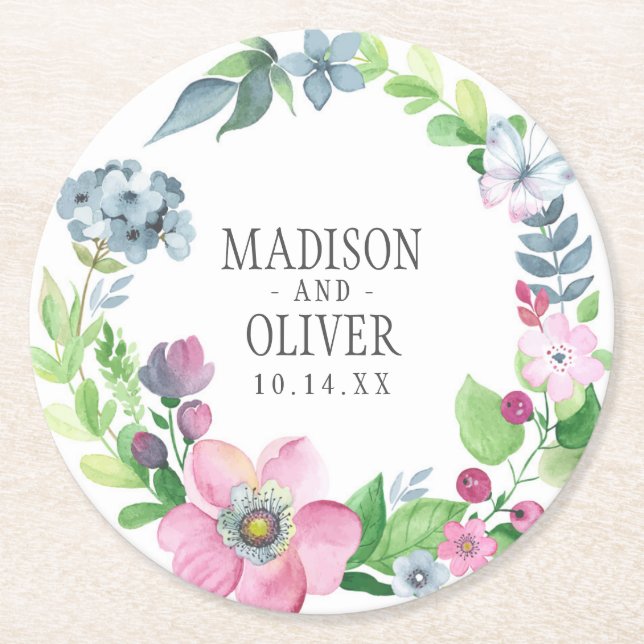Boho Watercolor Floral & Butterfly | Wedding Round Paper Coaster (Front)
