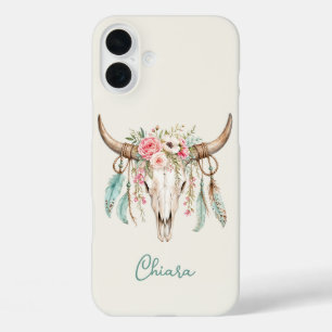 Boho Watercolor Floral Cow Skull iPhone 16 Plus Case