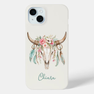 Boho Watercolor Floral Cow Skull iPhone 15 Mini Case