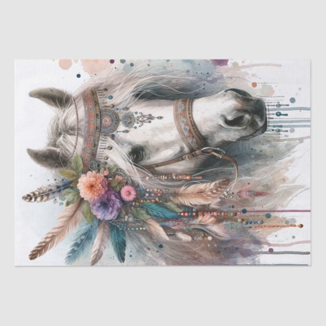 Boho Watercolor Floral Feather Horse Tissue Paper (Front)