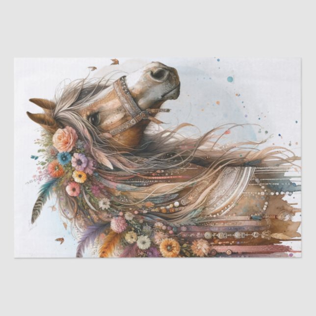 Boho Watercolor Floral Feather Horse Tissue Paper (Front)