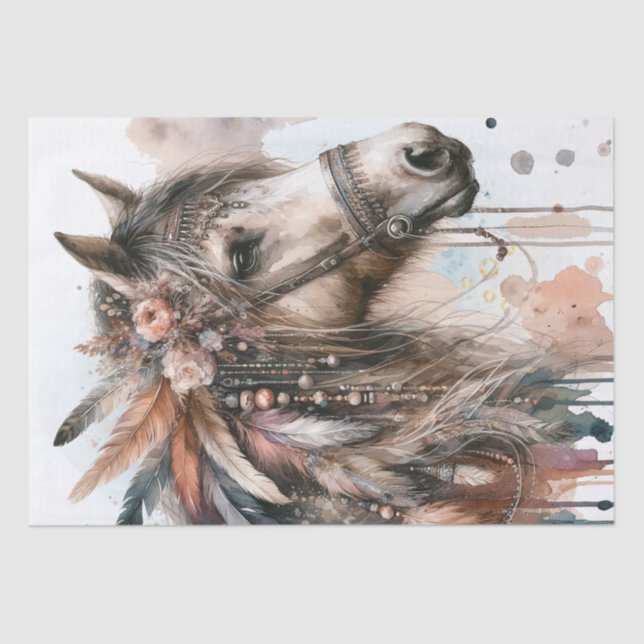 Boho Watercolor Floral Feather Horse Tissue Paper (Front)