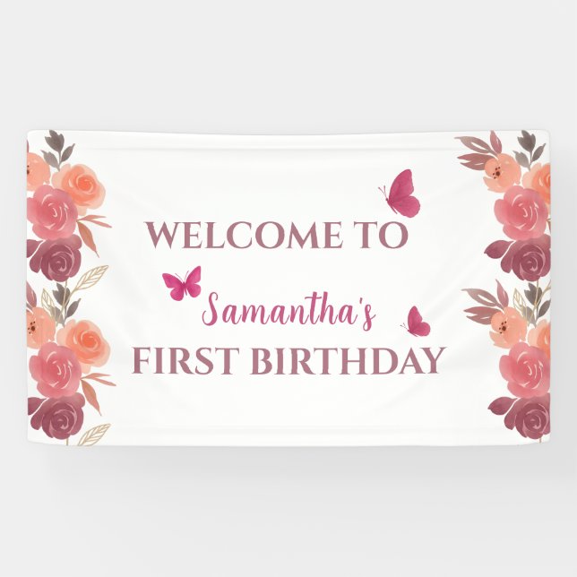 Boho  Watercolor Floral First Birthday  Banner (Horizontal)