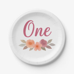 Boho Watercolor Floral First Birthday Paper Plate