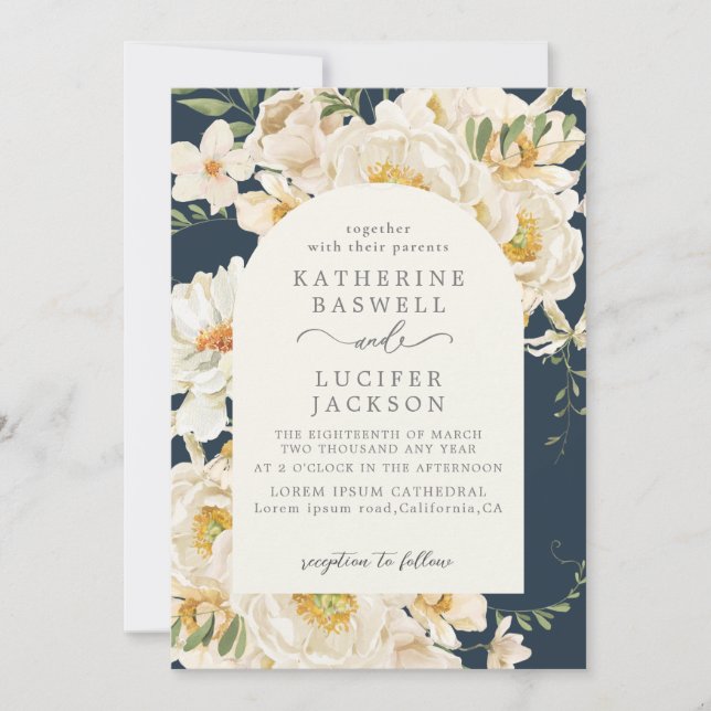 Boho watercolor floral foliage Navy Blue Wedding Invitation (Front)