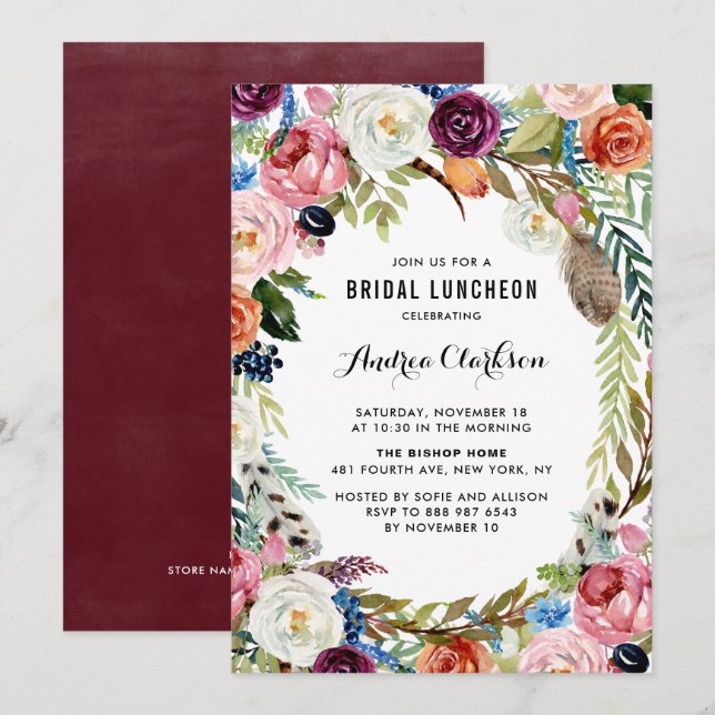Boho Watercolor Floral Frame Bridal Luncheon Invitation (Front/Back)