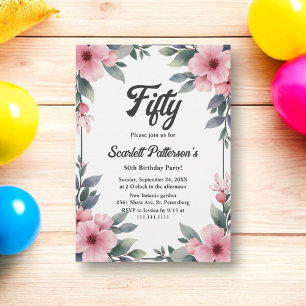 Boho Watercolor Floral Frame Rustic 50th Birthday Invitation