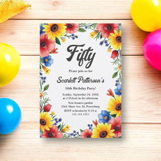 Boho Watercolor Floral Garden Summer 50th Birthday Invitation