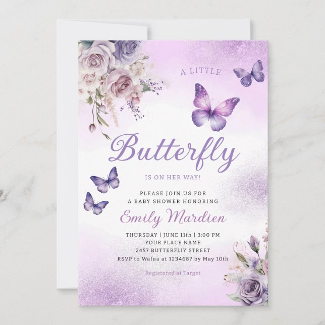 Boho Watercolor Floral Girl Butterfly Baby Shower Invitation (Front)
