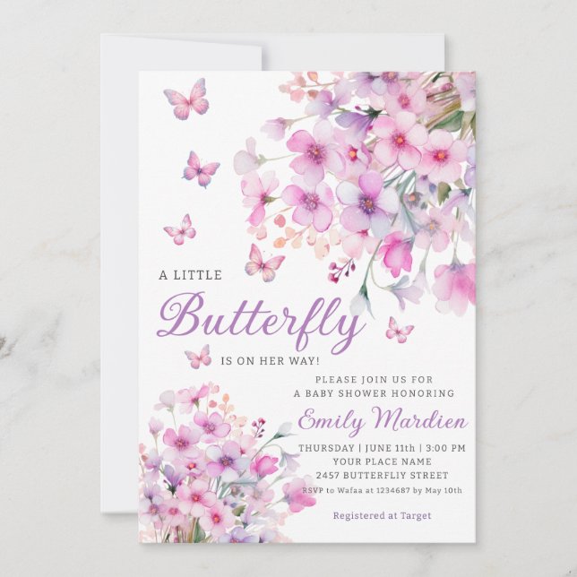 Boho Watercolor Floral Girl Butterfly Baby Shower  Invitation (Front)