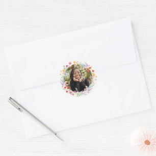 Boho Watercolor Floral Graduation Photo Classic Round Sticker