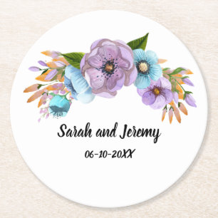 Boho Watercolor Floral Lilac & Teal Personalize Round Paper Coaster