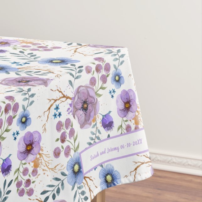 Boho Watercolor Floral Lilac & Teal Personalize Tablecloth (In Situ)