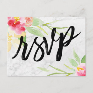 Boho Watercolor Floral on Subtle Grey Marble RSVP Postcard