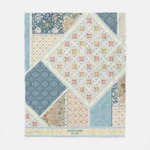BOHO Watercolor Floral Patchwork Pattern Blue Tan  Fleece Blanket